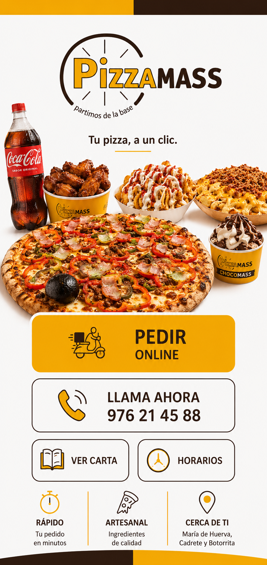 Pizzamass: pizza, alitas, patatas, bebida y postre